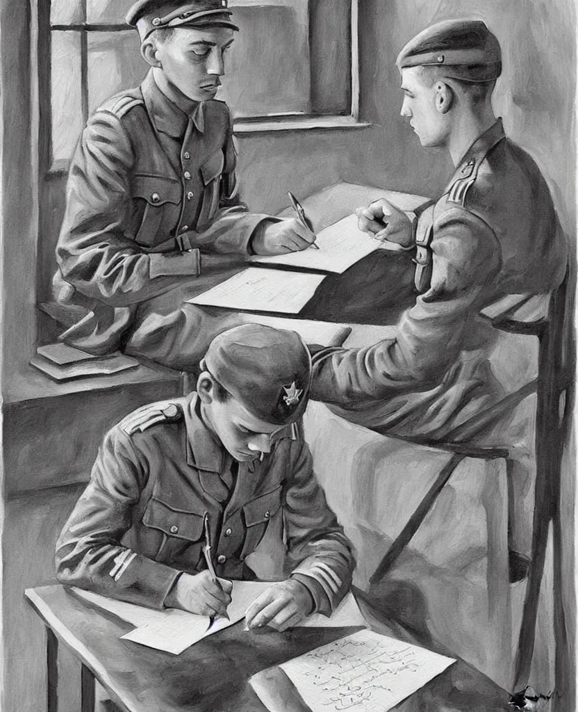 Image similar to a beautiful painting of a soldier writing a letter to home with wwii in background, black and white, painted by escher