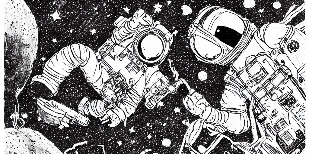 Image similar to ink lineart drawing of a lone female astronaut floating in space, wide angle, space background, artstation, etchings by goya, chinese brush pen, illustration, high contrast, deep black tones contour