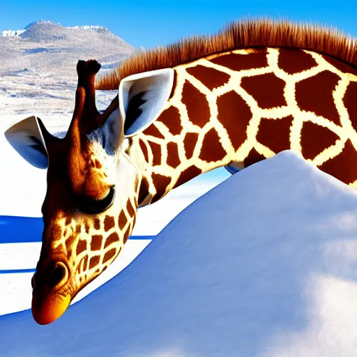 Image similar to a giraffe inhales a pile of snow into hit nostril, island background, photorealistic, 4 k