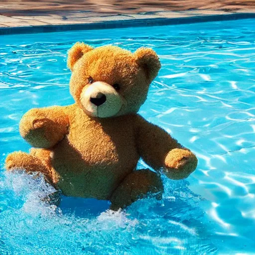 Prompt: teddy bear playing in a pool