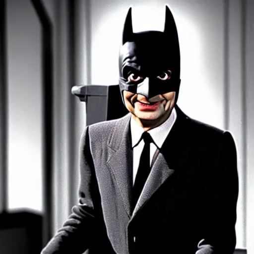 Image similar to mr. bean as batman 1 9 6 6. movie still. cinematic lighting.