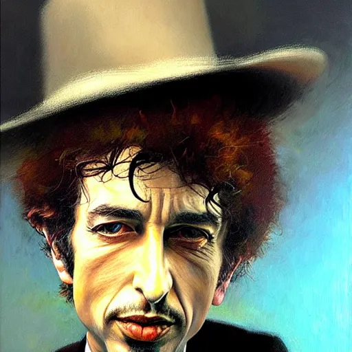 Prompt: caricature portrait of bob dylan, detailed face, detailed painting, epic lighting, by ilya repin, phil hale and kent williams