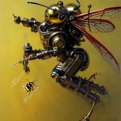 Prompt: highly detailed robot in the form of a bee, art by donato giancola, eugene delacroix, ruan jia, carl larsson, peter mohrbacher. trending on artstation, intricate details, energetic composition,, concept art, illustration, elegant art, global illuminaition