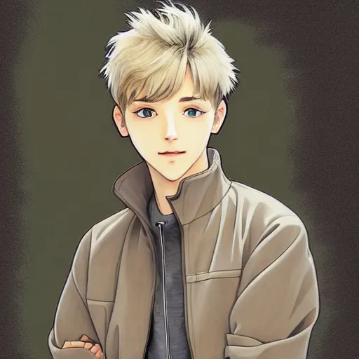 Prompt: young man with short, ash blond greyish hair, light brown eyes, casual clothes, relaxing, happy, path traced, highly detailed, high quality, digital painting, by studio ghibli and alphonse mucha, beautiful details, markers