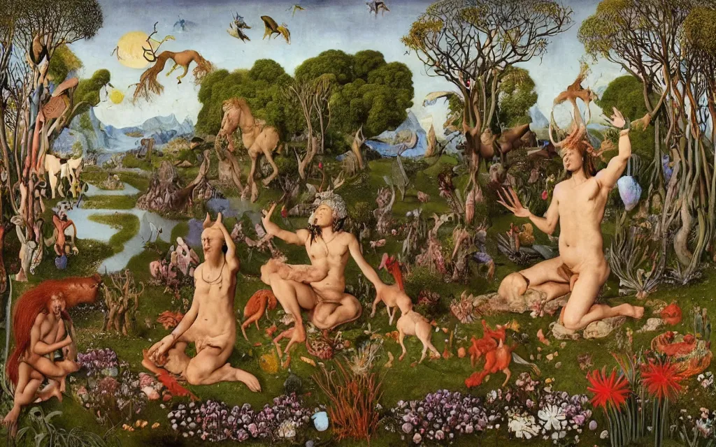 Image similar to photograph of a meditating centaur shaman and a mermaid feeding animals. surrounded by bulbous flowers, animals and a few trees. river delta with dry rocky mountains under a blue sky full of burning stars. painted by jan van eyck, max ernst, ernst haeckel, ernst fuchs and artgerm. trending on artstation, treding on cgsociety