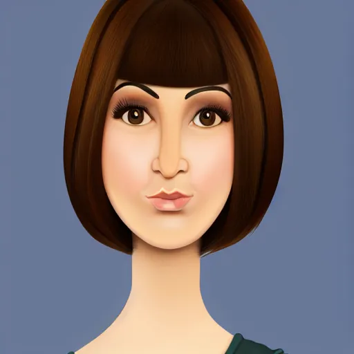 Prompt: chubby 30 year old brunette woman with straight hair in a short bob, round face, romanian heritage, brown eyes, olive skin, bulbous nose, big chin, wide face, no bangs, digital art, cartoon, cute, 8k, illustration, trending on artstation, medium shot, head shot