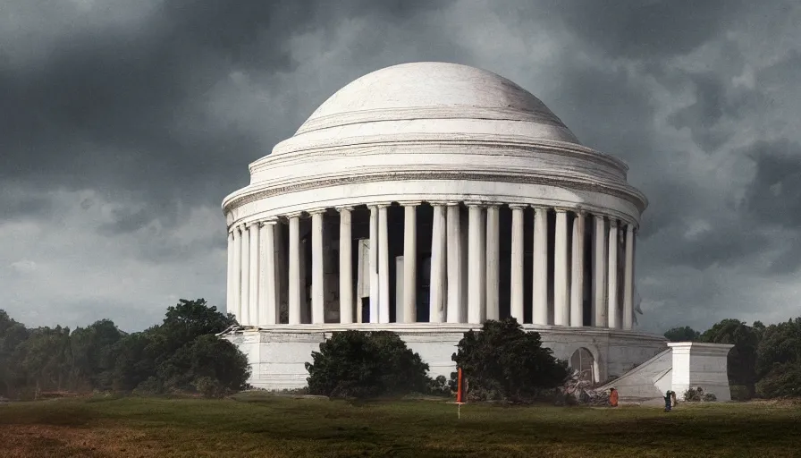Image similar to destroyed jefferson memorial, cloudy day, debris, dust, hyperdetailed, artstation, cgsociety, 8 k