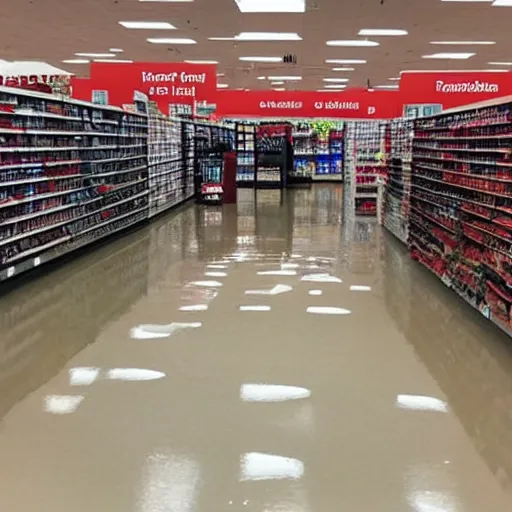 Prompt: photo of a flood, photo of a flood of water in a target store