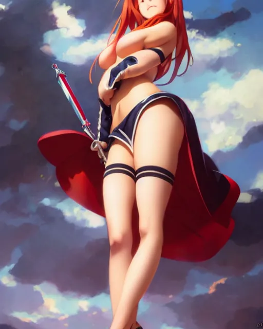 Image similar to pinup photo of asuna from sao, hot asuna by, by greg rutkowski, gil elvgren, glossy skin, pearlescent, anime, maxim magazine,