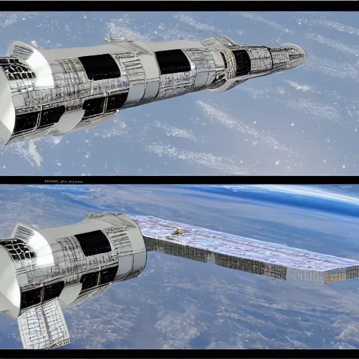 Image similar to top view, side view and front view of a science fiction space station, concept art, digital art, first angle projection
