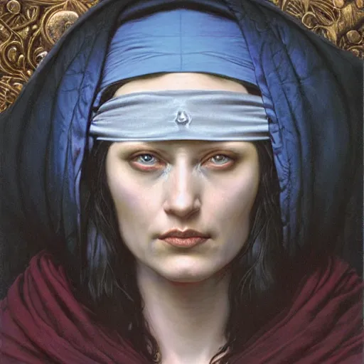 Image similar to portrait of a blindfolded priestess, by gerald brom, donato giancola, and berthold woltze.