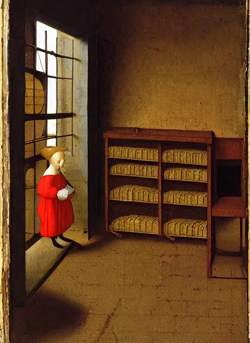 Image similar to bookshelf with books and children toys, medieval painting by jan van eyck, johannes vermeer, florence