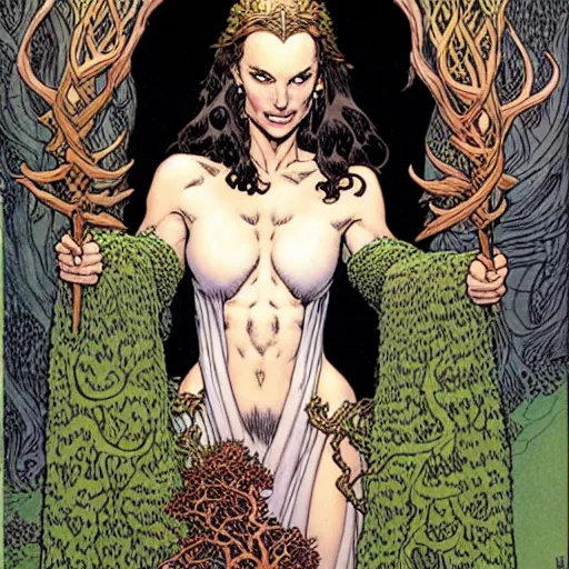 Image similar to a portrait of natalie portman as a druidic wizard by rebecca guay, michael kaluta, charles vess and jean moebius giraud