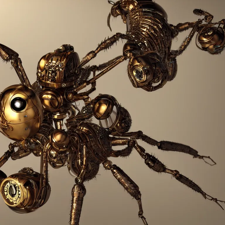 Image similar to a close up of an beautiful steampunk robotic spider inspired, unreal engine realistic render, high detailed face, photorealism, golden ratio, hyper - realistic 3 d, insanely super detailed, realistic octane render, 1 6 k, fashion photography, micro detail, backlit lighting, face in focus, subsurface scattering, thin porcelain