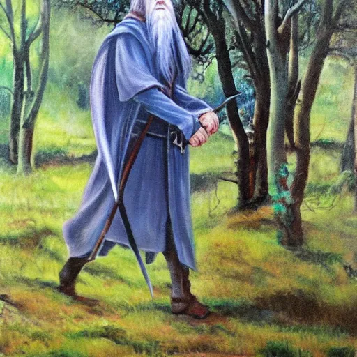 Image similar to Gandalf travelling trough the forest, oil painting