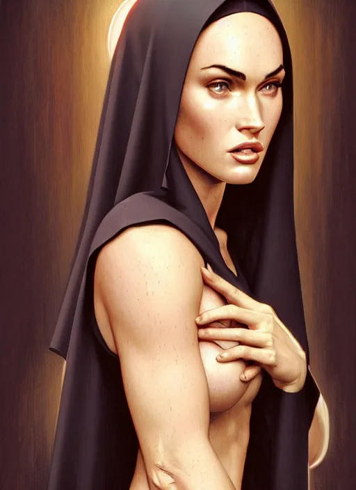 Prompt: portrait of megan fox as a sultry nun, bible, catholic, religion, cross, prayer, church, intricate, headshot, highly detailed, digital painting, artstation, concept art, sharp focus, cinematic lighting, illustration, art by artgerm and greg rutkowski, alphonse mucha, cgsociety