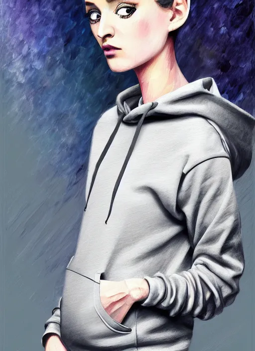 Prompt: twiggy fashion pose wearing, gray hoodie, jeans, tiara, half body shot, path traced, highly detailed, high quality, digital painting, alena aenami, leonid afremov, lilia alvarado, shinji aramaki, karol bak, alphonse mucha, tom bagshaw