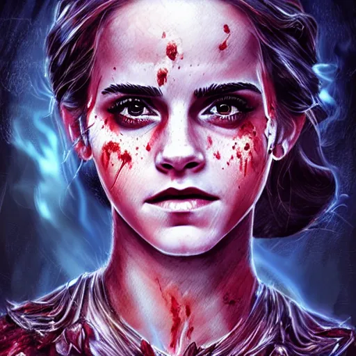 Image similar to emma watson as the goddess of hell, hot, hyper detailed, illustration, hyper realistic, blood, fire, dramatic lighting, cinematic, hell, full body portrait by steve henderson
