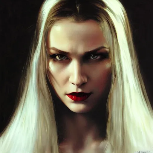 Prompt: close-up face of a extremely beautiful bond female VAMPIRE portrait, Masterpiece, oil on canvas, artgerm, norman rockwell, craig mulins, trending on pxiv,