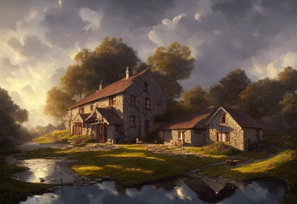 Image similar to a small georgion country house with a gravel path and small fishpond, cinematic view, blue sky, detailed, concept art, high angle, high detail, warm lighting, volumetric, godrays, vivid, trending on artstation, by jordan grimmer, art greg rutkowski