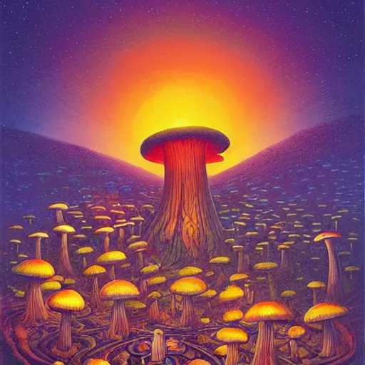 Prompt: glowing mushroom village, art by ricardo bofill, james christensen, rob gonsalves, paul lehr, and tim white