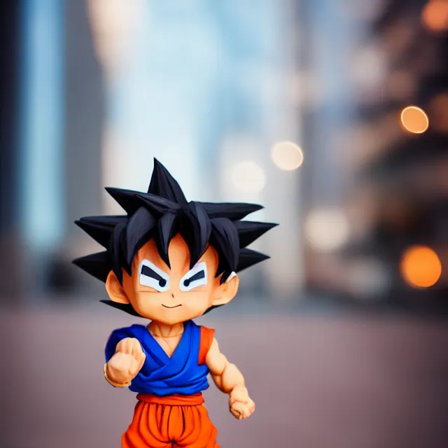 Prompt: goku chibi cute made of clay, full body, hyper detailed, 3 5 mm, f 1. 2, city background, bokeh