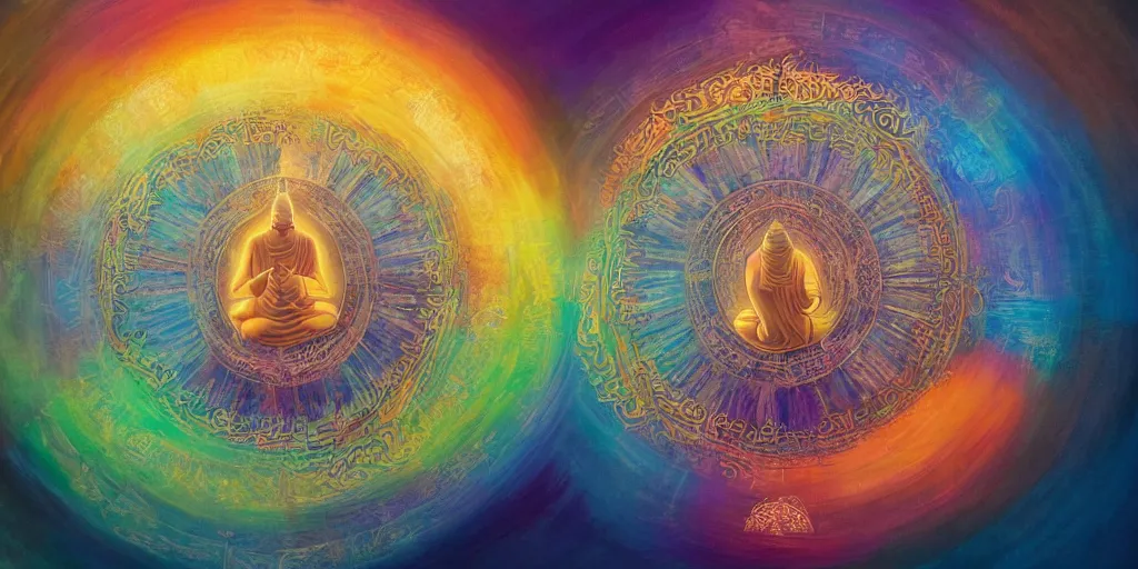 Image similar to The eternal cycle of Samsara, mystical, astral, psychological, Buddhist art, Buddhism, Pastel Art, Golden Hour, Warm Color Palette, Overdimensional, 4k