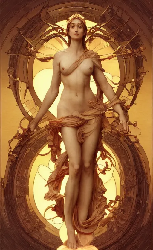 Image similar to illustration of the four armed statue of the goddess of the sun helios descending from olympus, artstation, concept art, smooth, sharp focus, illustration, art by artgerm and greg rutkowski and alphonse mucha and william adolphe bouguereau and john william waterhouse