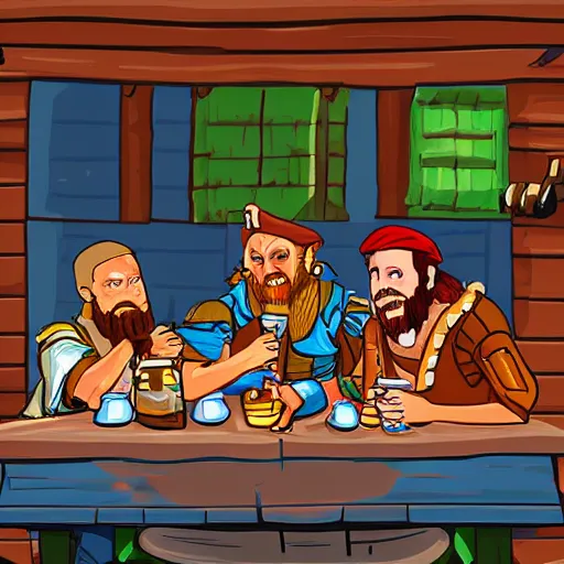 Image similar to Three important pirates drinking grog in a tavern table 16 bit computer art