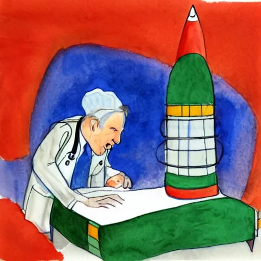 Prompt: a doctor performing surgery on a rocket, watercolor by eric carle, traced by pencil, high detail, peaceful mood