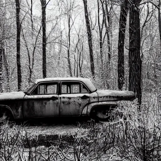 Image similar to rusty sedan in winter forest, greyscale, Polaroid, editoral image