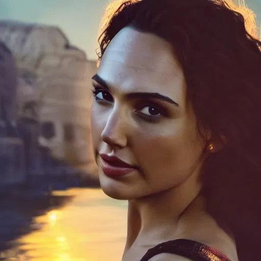 Prompt: Portrait of the beautiful woman Gal Gadot, she is posing, she is walking on a river, she is getting ulluminated by the rays of the sunset, the photo was taking by Steve McCurry, matte painting, oil painting, naturalism, 4k, 8k