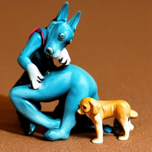 Image similar to a figurine of a dog biting its own tail in the style garbage pale kids figurines