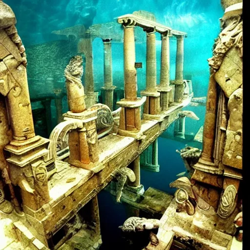 Image similar to Roman empire underwater, Atlantis, spectacular quality, surrealism photography masterpiece, perfect composition