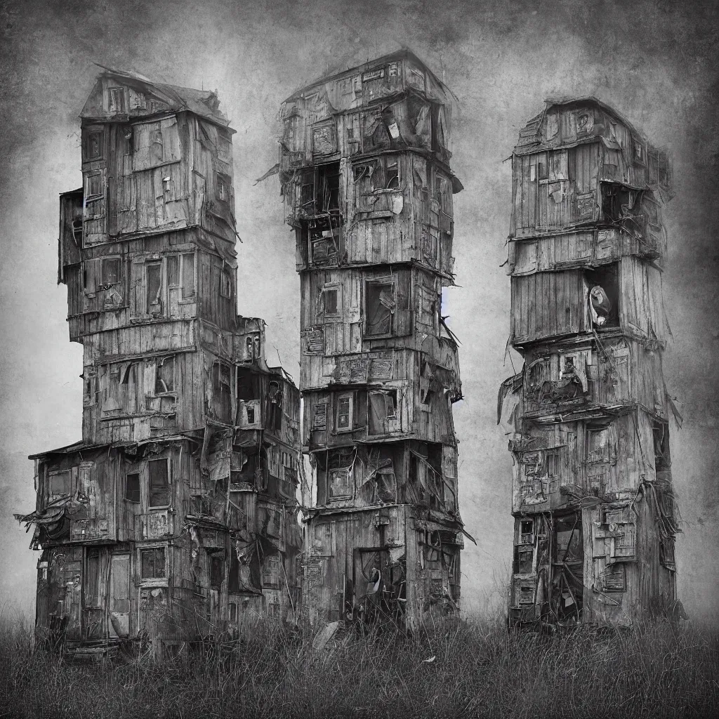Image similar to two towers, made up of makeshift squatter shacks, misty, dystopia, mamiya rb 6 7, fully frontal view, very detailed, digital glitches, photographed by jeanette hagglund