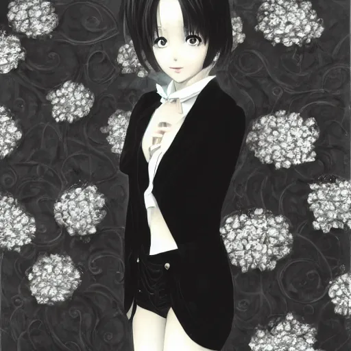 Image similar to realistic illustration of an anime girl with short white hair and black eyes wearing tuxedo in the style of yoshitaka amano, floral black and white patterns on the background, noisy film grain effect, highly detailed, Renaissance oil painting