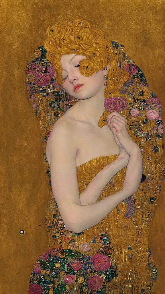 Image similar to a soft and breathtaking detailed painting of a sleeping blonde princess in the style of Gustav Klimt, , shiny gold, elegant, highly detailed, artstation, concept art, matte, sharp focus, art by Gustav Klimt