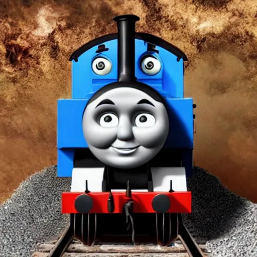 Prompt: Thomas the Tank Engine, horror, pain, dark, destruction, death