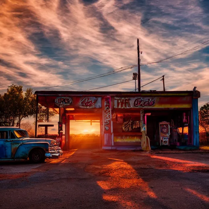 Image similar to a sunset light landscape with historical route 6 6, lots of sparkling details and sun ray ’ s, blinding backlight, smoke, volumetric lighting, colorful, octane, 3 5 mm, abandoned gas station, old rusty pickup - truck, beautiful epic colored reflections, very colorful heavenly, softlight