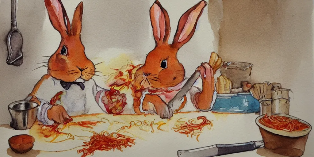 Prompt: a rabbit dressed as a chef cooks spaghetti bolognese in a french kitchen, watercolour
