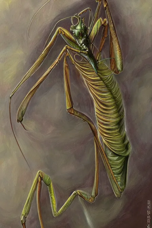 Image similar to portrait of a praying mantis alien, by giancola, very detailed art, elegant, sophisticated, high resolution, smooth