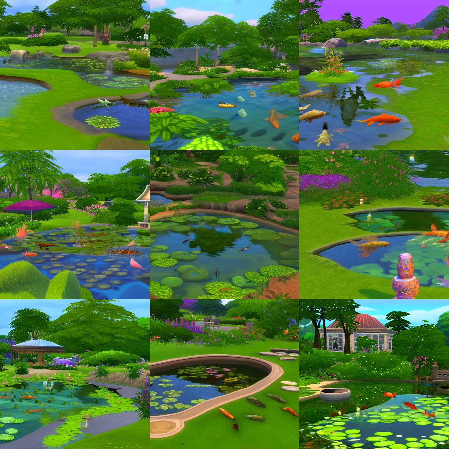 Prompt: detailed pond with fish, frogs, tadpoles, mosquitoes in the sims 4