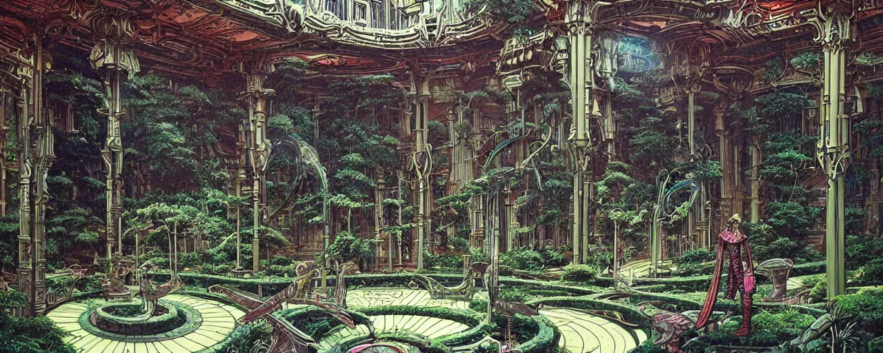 Image similar to a luxurious scifi futuristic victorian garden courtyard by killian eng, moebius, philippe druillet