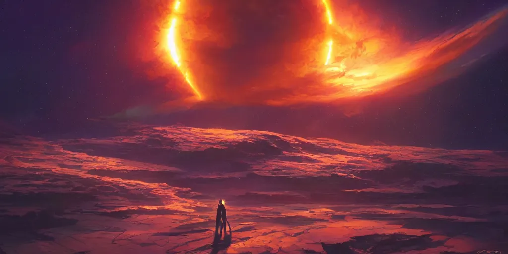 Image similar to inside a solar flare storm within the sun looking at the planet earth, unreal engine, fantasy art by greg, loish, rhads, ferdinand knab, tom bagshaw, makoto shinkai and lois van baarle, rossdraws, ilya kuvshinov, night lighting, trending on studio ghibli, highly detailed, 8 k, octane render