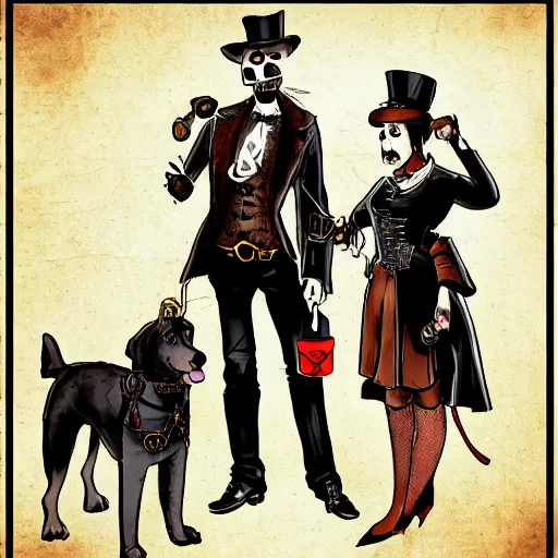 Image similar to portrait of a ragtag team of three dogs dressed as thieves in a dark haunted steampunk setting