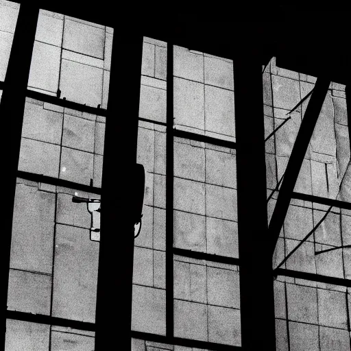 Prompt: black and white security camera image of a black silhouette of a figure caught in an abandoned brutalism structure