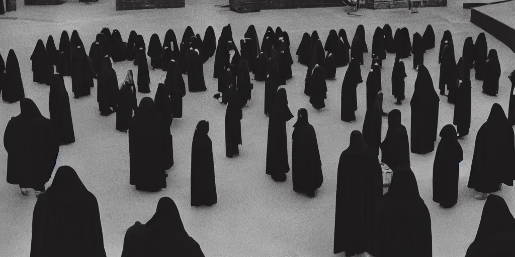 Image similar to black robed and hooded people point towards the viewer in a circle calling forth an eldritch horror, old film, 35mm film, found film, scary, ominous, frightening, ghastly, photorealistic