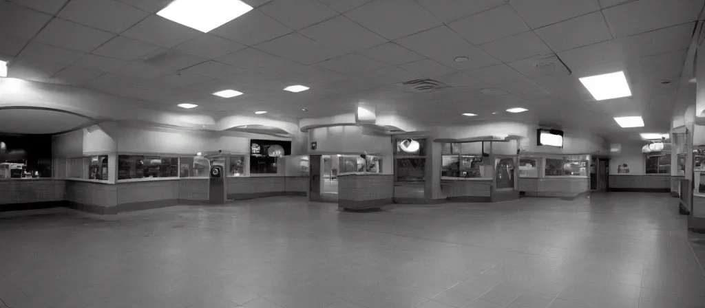 Image similar to circa 2 0 0 2 1 3 mm film photograph of an empty mcdonalds, liminal, dark, flash on, blurry, grainy, unsettling