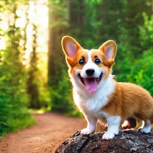 Image similar to 8k highly detailed photograph of a happy gnome riding the most adorable Corgi Puppy, on a forest hiking trail golden hour,