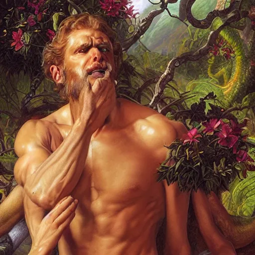 Image similar to Close-up of God being angry in the Garden of Eden. Adam and Eve look very guilty- elegant, highly detailed, centered, digital painting, artstation, concept art, artgerm, donato giancola, Joseph Christian Leyendecker, WLOP, Boris Vallejo, Artgerm